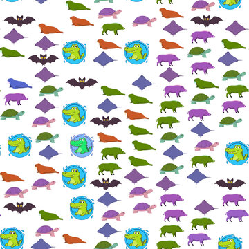 Seamless pattern of cartoon bats, walruses, turtles, stingrays