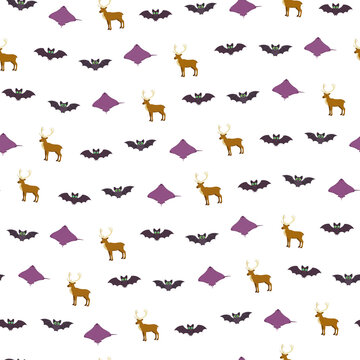Seamless pattern of cartoon deer, bats, and stingrays