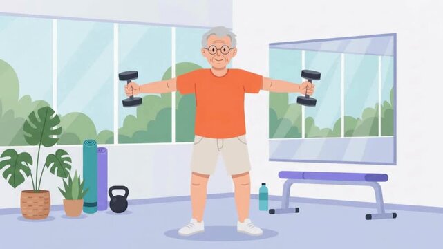 Senior man lifting dumbbells in flat vector style
