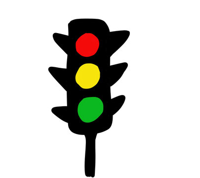 Cute traffic signal icon with red, yellow, and green lights, hand-drawn vector doodle, Hand-drawn traffic light doodle illustration, colorful stoplight isolated on white background
