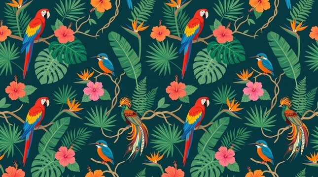 Seamless vector pattern featuring exotic tropical birds, macaws, kingfishers, bright hibiscus flowers, and palm leaves on a dark green background.