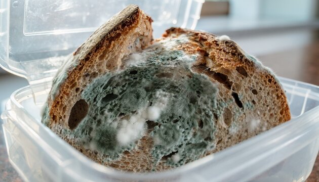 Close-up of stale bread covered with green and white mold inside a transparent plastic food container.