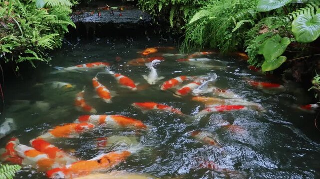 Footage of Large School of Vibrant Color Amur Carps with People Feeding some Pond Pellets