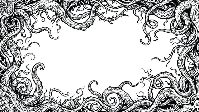 Lovecraftian octopus tentacles monster frame border creepy sea creature illustration
