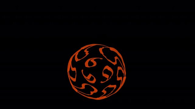 Hand drawn abstract sphere with comma shaped pattern rotating slowly in seamless loop. Decorative patterned ball spinning animation. Isolated on transparent background with alpha channel.