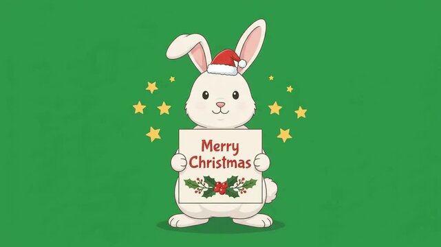 Chroma key green screen animation of a cute white rabbit wearing a Santa hat holding a festive Merry Christmas holiday sign with floating stars for seasonal video projects.