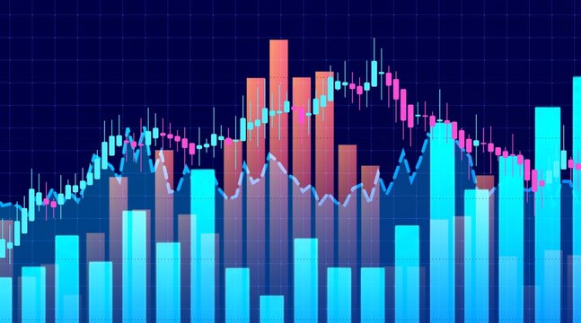 Close-up of a vibrant stock market candlestick chart with colorful bars and fluctuating lines, representing financial data and trading volatility on a dark blue grid.