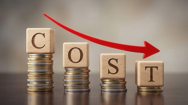 Financial planning concept featuring wooden COST blocks and coins with a downward red arrow for budget reduction.