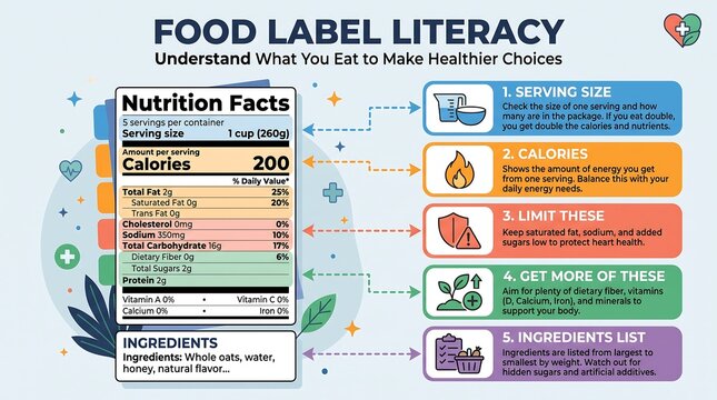 Educational guide about nutrition facts label literacy for healthy eating choices with food balanced diet
