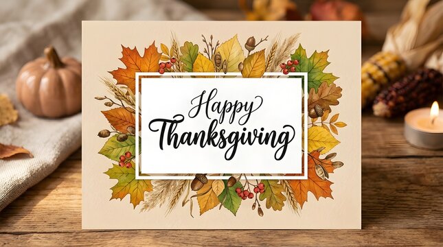 Happy thanksgiving greeting card with colorful autumn leaves on a rustic wooden table background with pumpkins