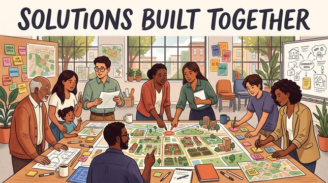 Group of diverse professionals collaborating on large city planning map spread across communal workspace table