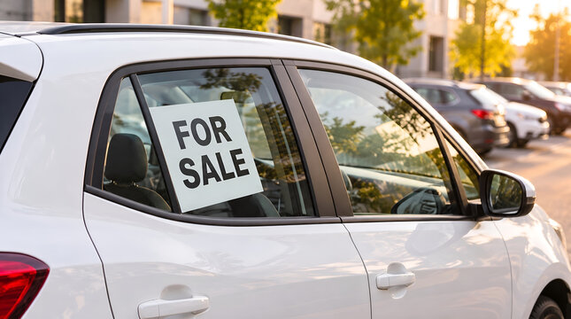 White car for sale with a paper sign on the window in a parking lot, representing used vehicle commerce and private sales during sunset
