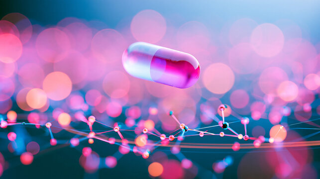 A glowing capsule floats above a network of molecular structures under vibrant pink and blue lighting, symbolizing advanced medical or pharmaceutical technology.