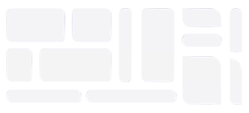 Glass liquid ui button set with transparent 3d effect - rectangle frame box elements in various sizes and proportions, glossy morphism style borders for modern interface design on light background.