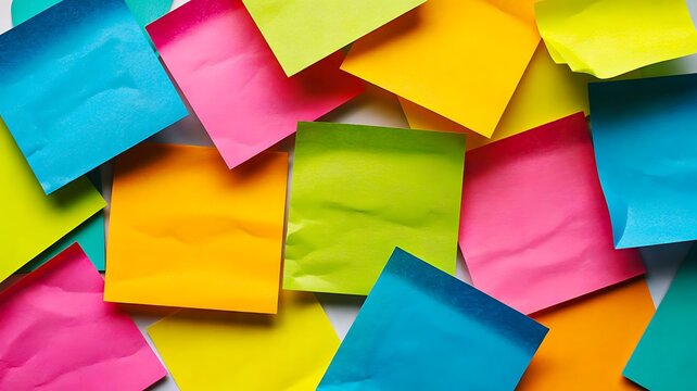 Colorful sticky notes scattered across a bright background for creative planning and office organization