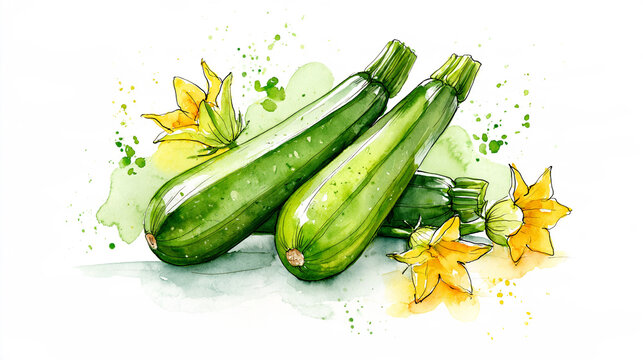 Watercolor illustration of fresh green zucchinis with yellow flowers and green splashes on a white background.
