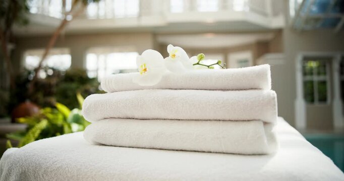 Towel, spa or massage bed with flowers for interior decor, physiotherapy or healing in luxury resort. Empty, fabric or cloth by swimming pool for zen, relaxation or stress relief in holiday retreat