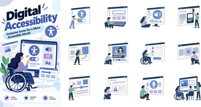 Digital Accessibility Vector Illustration Set with Inclusive Web Design Themes