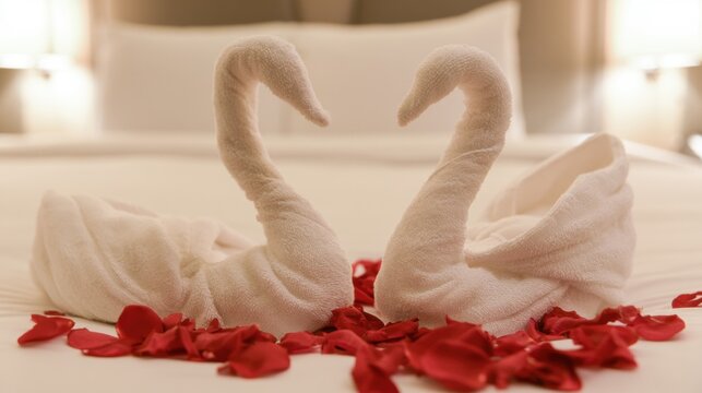 Towel swans on a hotel bed surrounded by rose petals in a romantic setting