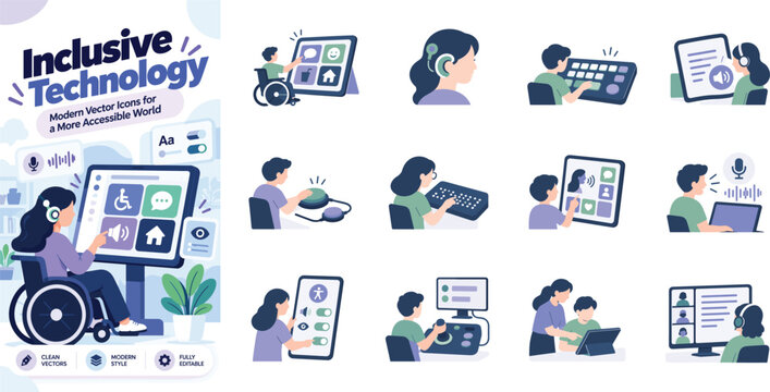 Inclusive Technology Vector Illustration Set with Accessibility and Assistive Devices