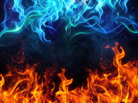 Blue and orange flames dance together against a dark smoky background with glowing embers