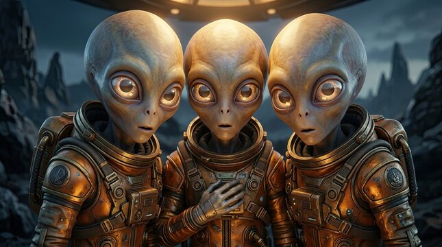 Three alien figures in metallic spacesuits standing closely together in a rocky outdoor environment with wear detailed metallic stand closely extraterrestrials spacecreatures sciencefiction group
