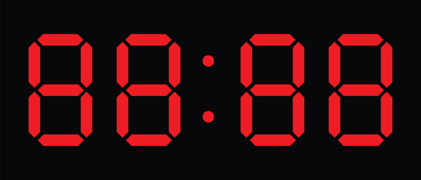 Red Digital Clock. Digital Clock Numbers Display on Black Background Vector Illustration. 