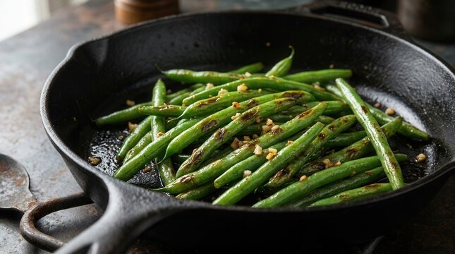 Saut�ed green beans with garlic and seasoning in a frying pan.