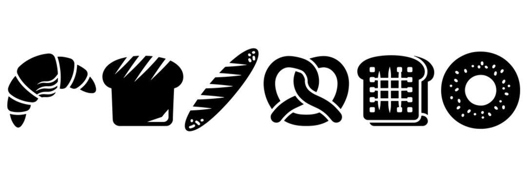 Bakery icons set of croissant loaf baguette pretzel toast and bagel
