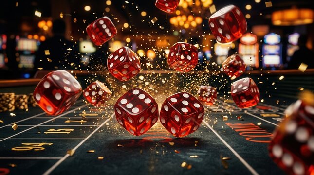 Red translucent dice tumbling on a casino craps table with golden confetti.