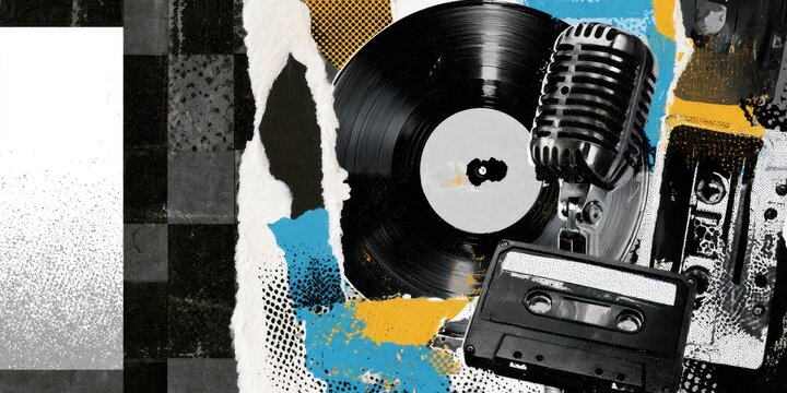Vintage audio equipment collage with vinyl record and microphone