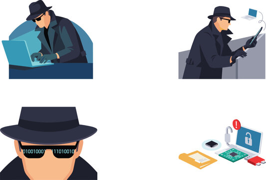 Hacker and Cyber Criminal Vector Character Set with Secret Agent Stealing Data on Laptop Phone Wiretapping and Unlocked Security Concept Icons