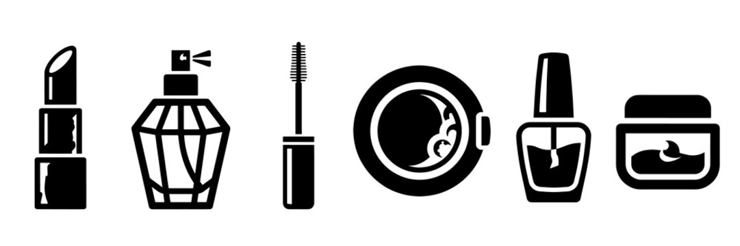 Black makeup and beauty icons set featuring lipstick and perfume bottle