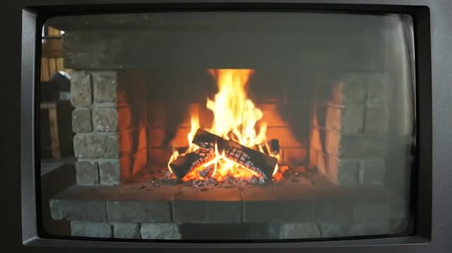 Vintage television with no signal broadcast and fireplace channel