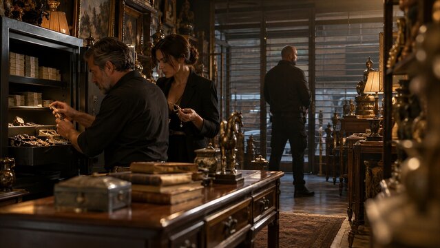 Thieves stealing valuable antiques from a luxury vault room