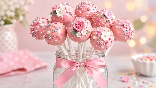 Pink cake pops decorated with sugar flowers in glass jar with ribbon