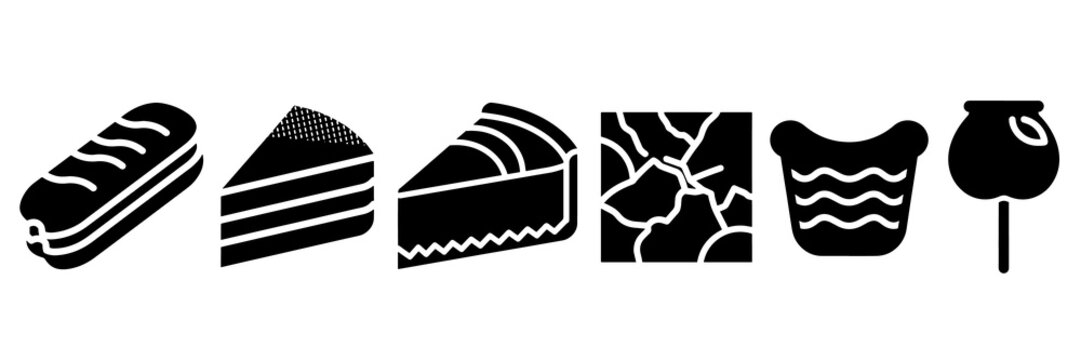 Black silhouette dessert icons set featuring various pastry items