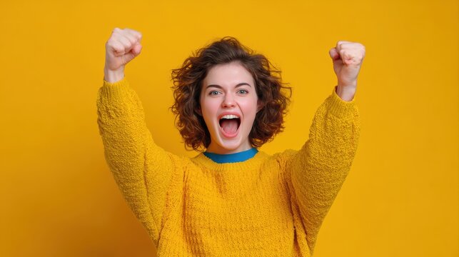 Photo of ecstatic lady shout loud yeah fist up raise win lottery isolated bright shine color background