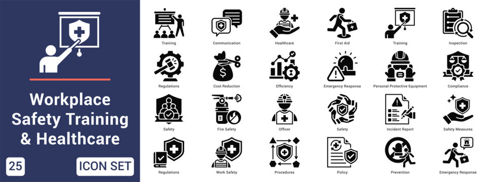 Workplace Safety Training & Healthcare  Icon set collection. Vector icon pack featuring thematic icons for your presentations or business.