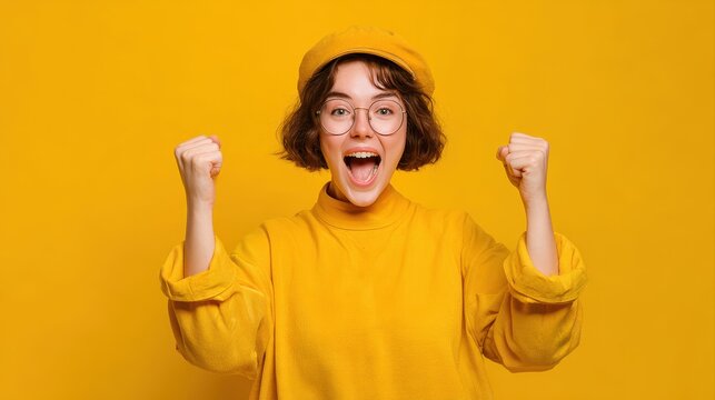 Photo of ecstatic lady shout loud yeah fist up raise win lottery isolated bright shine color background