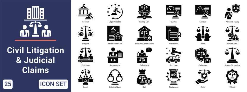 Civil Litigation & Judicial Claims  Icon set collection. Vector icon pack featuring thematic icons for your presentations or business.