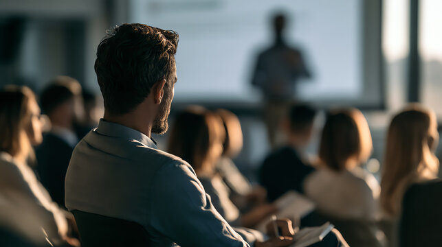 A focused audience attending a conference with a presenter in the background. Participants are engaged in a professional learning environment.