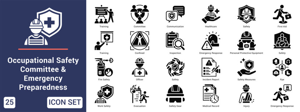 Occupational Safety Committee & Emergency Preparedness  Icon set collection. Vector icon pack featuring thematic icons for your presentations or business.