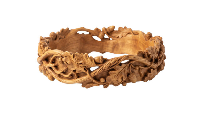 Carved wooden crown with oak leaves and acorns, rustic hand-carved wood circlet isolated on white background, pagan nature tiara
