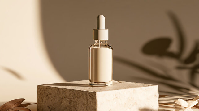 A minimalist beauty product display featuring a serum dropper bottle resting on a smooth stone surface, ideal for skincare and wellness branding.