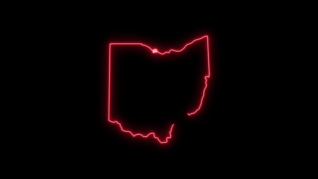 Neon red outline map of ohio state, glowing us state border on black background