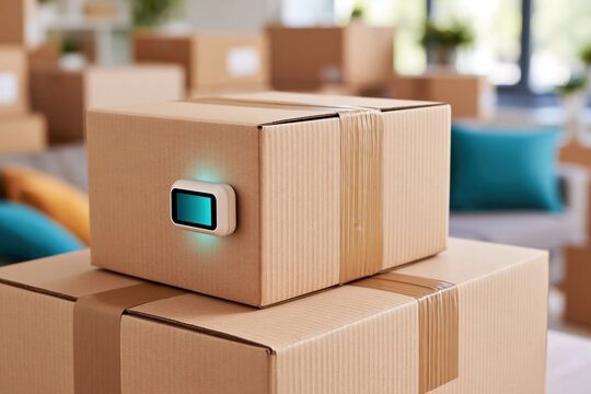 Cardboard box with attached digital temperature sensor displaying teal screen and glowing light, stacked in warehouse setting, logistics technology