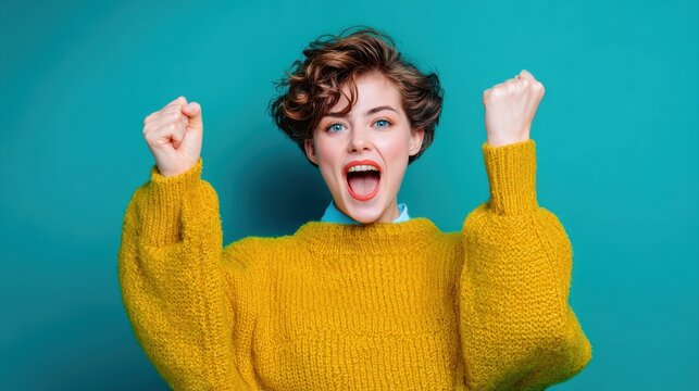 Photo of ecstatic lady shout loud yeah fist up raise win lottery isolated bright shine color background