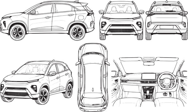 Modern compact crossover SUV line art illustration with front rear side top and interior views