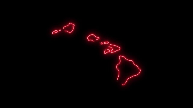 Glowing red neon outline map of hawaii islands on black background, minimalist digital